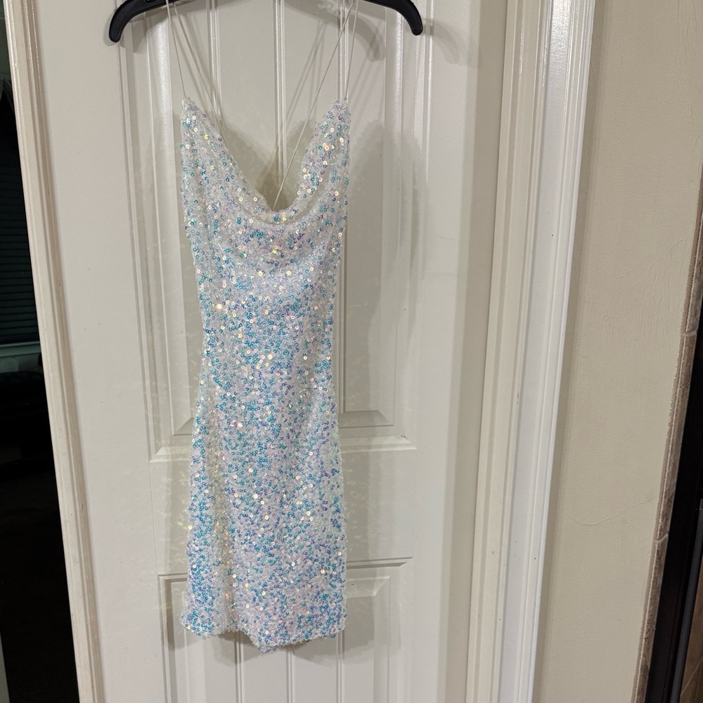 B Darlin Iridescent Sequin Dress mini dress with cowl neck.